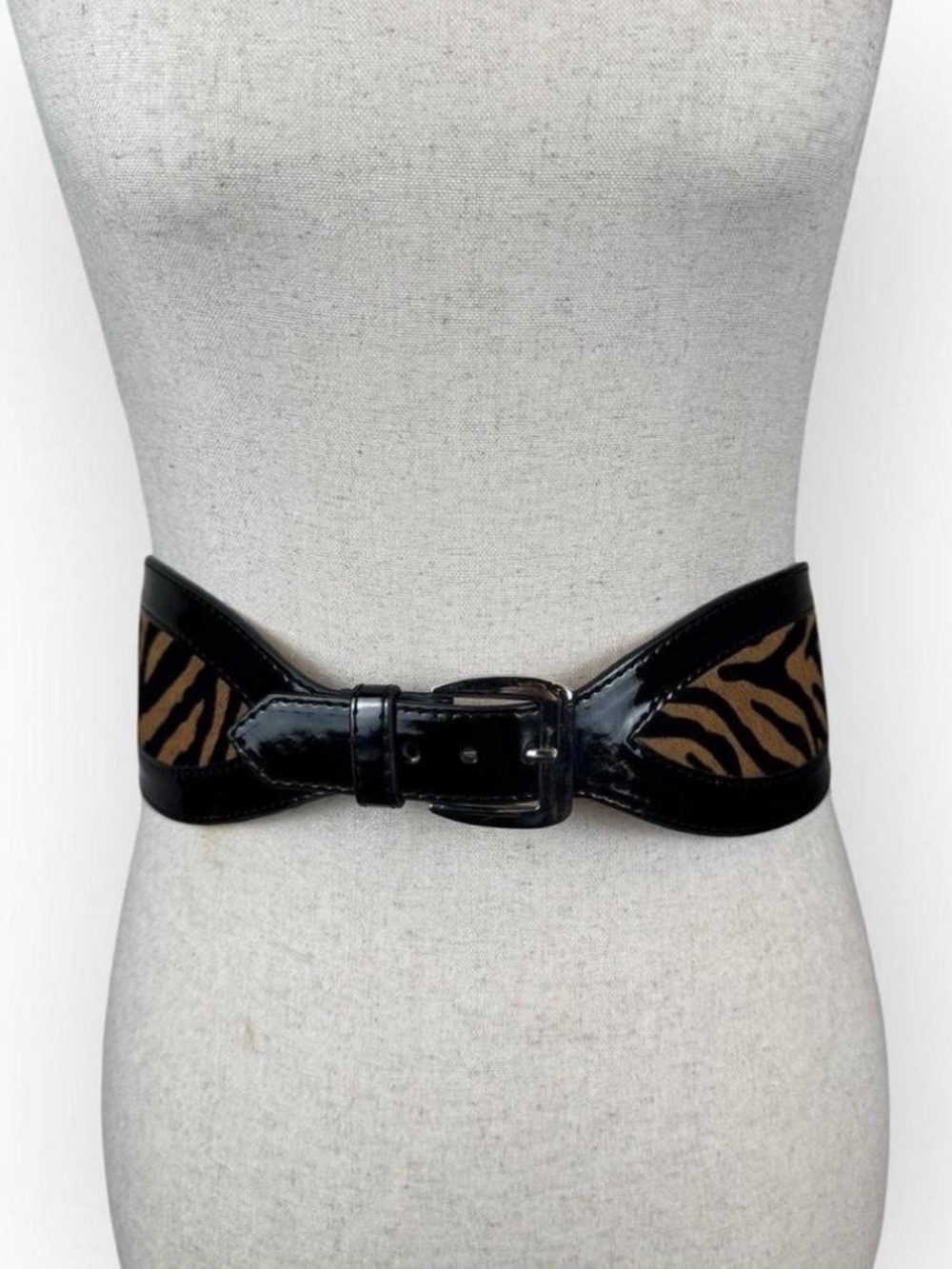 White House Black Market Black Patent Belt with Brown Zebra Panels